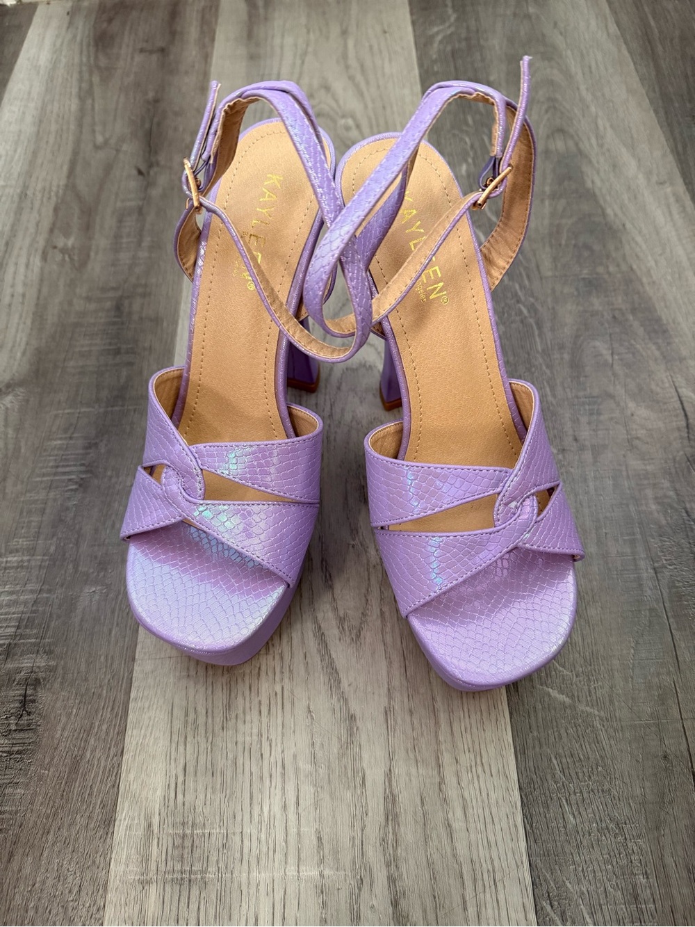 KAYLEEN By Los Angeles Iridescent Lavender Crisscross Block Heels